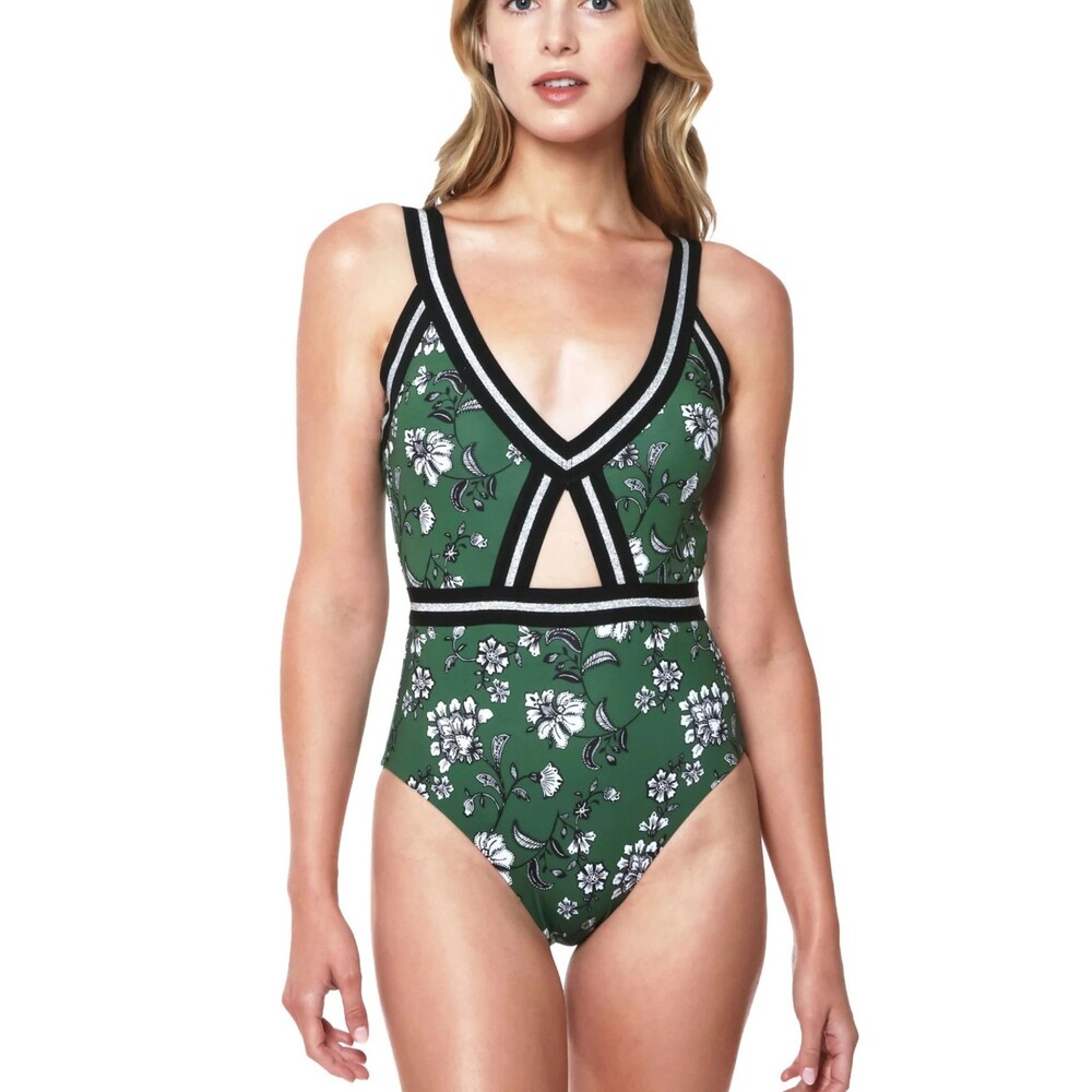 SANCTUARY Balinese Beauty Cutout One Piece Swimsuit  L Cactus Green Floral